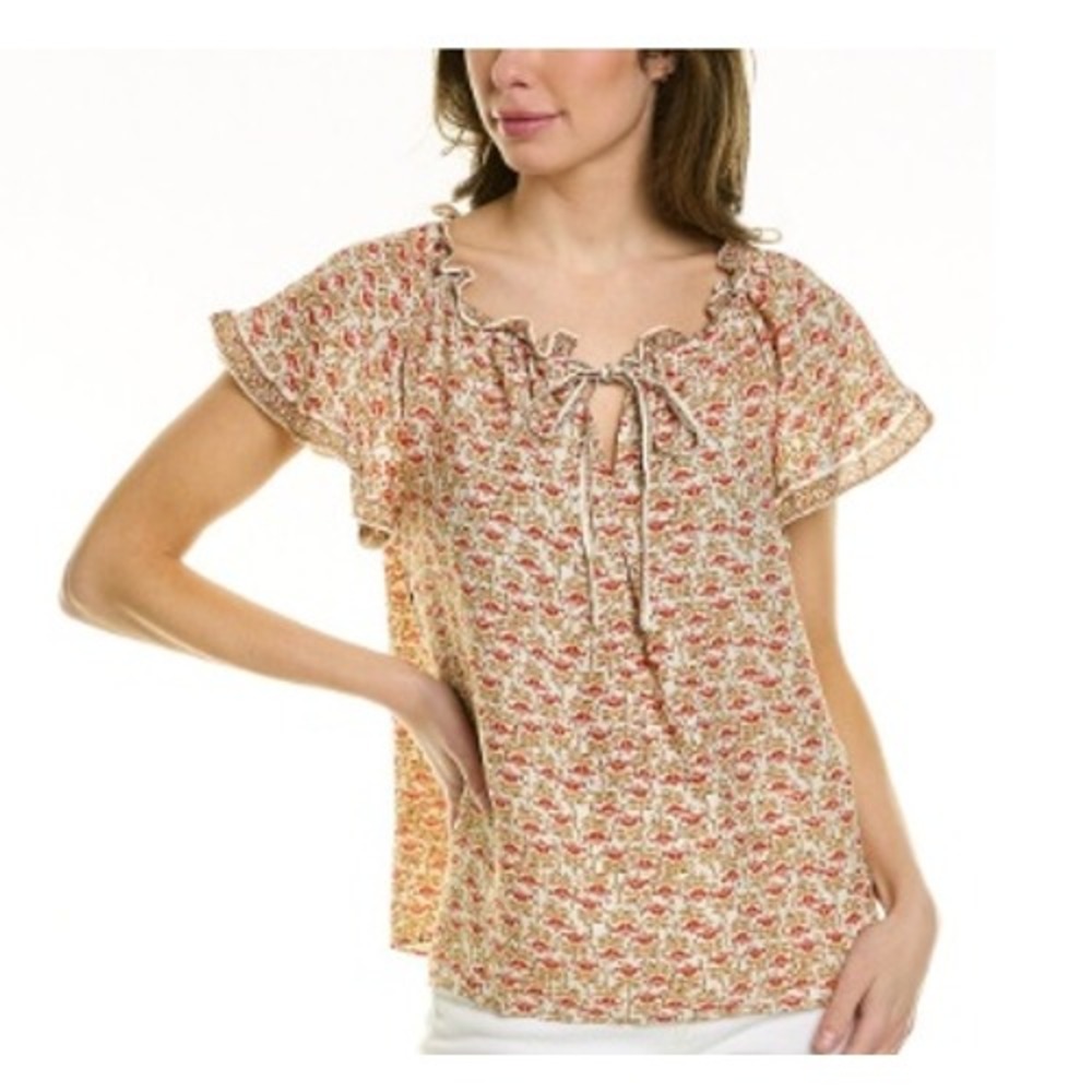 Max Studio Floral Flutter Sleeve Peasant Blouse Ruffle Tie Neck Top Medium Boho